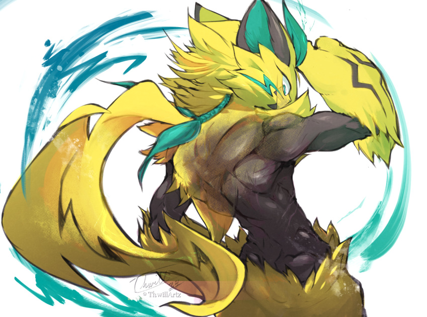 anthro back_muscles biceps black_body black_fur blue_eyes claws felid feline fur generation_7_pokemon hair legendary_pokemon male mammal muscular nintendo pokemon pokemon_(species) rear_view solo thwillartz yanuna yellow_body yellow_fur zeraora