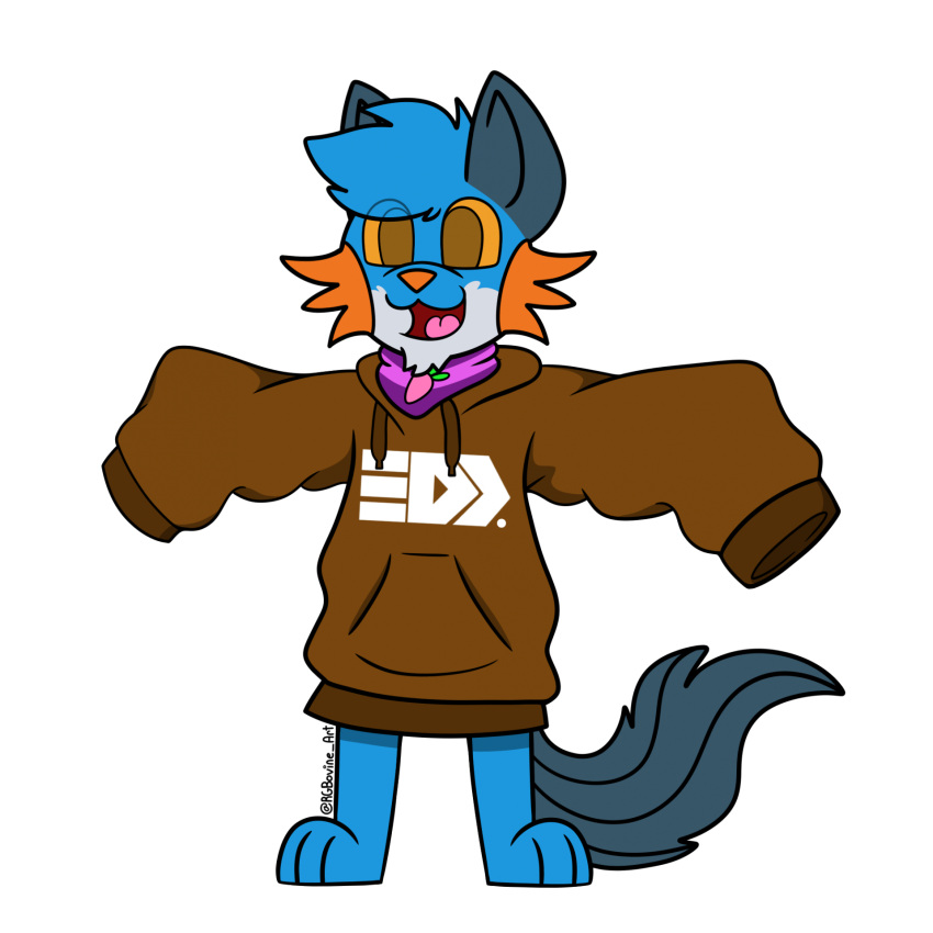 alpha_channel anthro arms_out blue_body blue_fur brown_clothing brown_hoodie brown_sweater brown_topwear canid canine canis clothing fin food fruit fur generation_3_pokemon happy head_tuft hi_res hoodie hybrid inkling_text long_sleeved_sweater long_sleeves male mammal nintendo open_mouth orange_eyes orange_gills orange_nose oversized_clothing oversized_hoodie oversized_topwear persim_berry persim_scarf plant pokemon pokemon_(species) pokemon_berry rgbovine_art simple_background sleeves_past_fingers sleeves_past_wrists splatoon standing swampert sweater tail tail_fin topwear transparent_background tuft wolf xevy