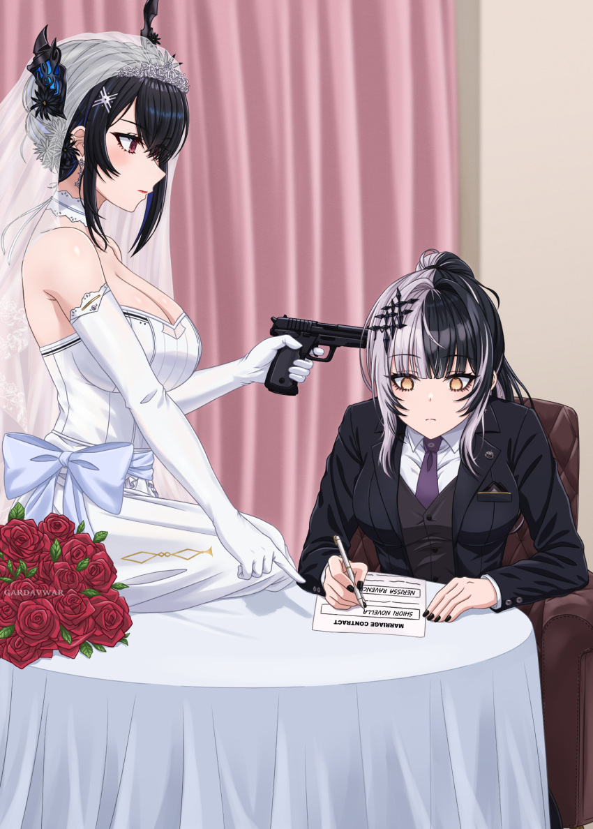 2girls alternate_costume alternate_hairstyle armchair artist_name asymmetrical_horns bare_shoulders black_flower black_horns black_jacket black_nails black_suit blush bouquet breasts bridal_veil chair choker cleavage closed_mouth commentary demon_horns dress dress_shirt earrings elbow_gloves empty_eyes english_commentary expressionless finger_on_trigger fingernails flower forced frown gardavwar gloves gun gun_to_head hair_flower hair_ornament hair_over_one_eye handgun highres holding holding_gun holding_pen holding_weapon hololive hololive_english horn_flower horns indoors jacket jewelry lapel_pin large_breasts lipstick long_hair long_sleeves makeup multiple_girls nail_polish necktie nerissa_ravencroft no_pupils novelites_(shiori_novella) on_chair on_table paper pen pocket_square pointing ponytail profile purple_necktie red_eyes red_flower red_lips red_rose rose shiori_novella shirt short_hair sitting strapless strapless_dress suit suit_jacket table tiara veil virtual_youtuber weapon wedding wedding_dress white_choker white_dress white_gloves white_shirt wife_and_wife writing yellow_eyes yuri