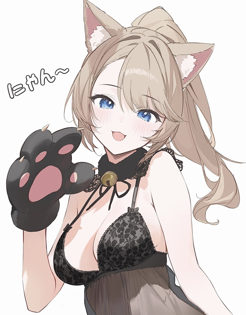 1girl animal_ear_fluff animal_ears bad_link bare_arms bare_shoulders bell black_choker blonde_hair blue_eyes blush breasts cat_ears cat_girl choker cleavage commentary food front-tie_top hair_ribbon highres looking_at_viewer medium_breasts neck_bell open_mouth original ponytail ribbon simple_background solo soybean_(hisoybean) symbol-only_commentary tongue tongue_out upper_body white_background