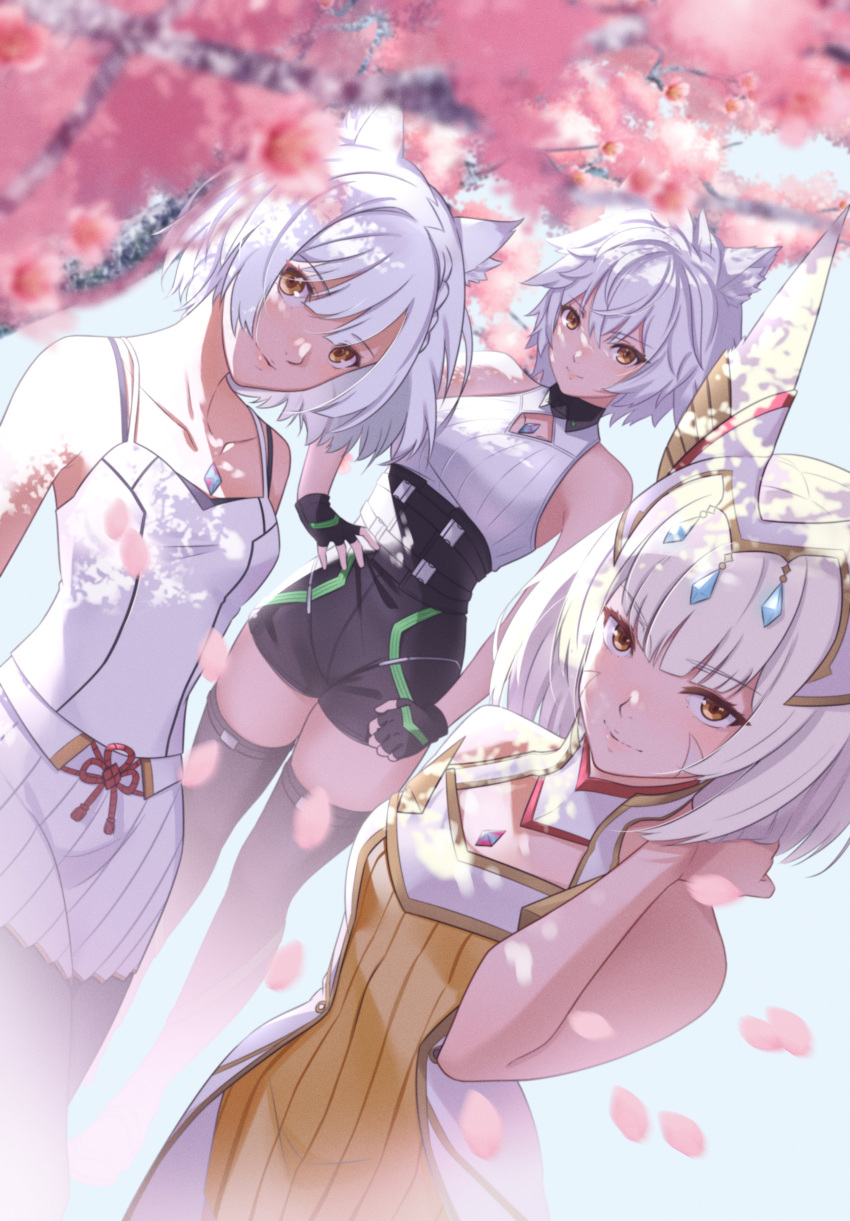 3girls absurdres animal_ear_fluff animal_ears bare_shoulders black_gloves black_shorts black_thighhighs brown_eyes cat_day cat_ears cherry_blossoms chest_jewel closed_mouth commentary core_crystal_(xenoblade) english_commentary facial_mark falling_petals fingerless_gloves flower gloves grey_hair highres looking_at_viewer mio_(xenoblade) mother_and_daughter multiple_girls na'el_(xenoblade) nia_(xenoblade) petals pink_flower shirt short_hair shorts sleeveless sleeveless_shirt smile thighhighs wanderstillart white_shirt xenoblade_chronicles_(series) xenoblade_chronicles_3 xenoblade_chronicles_3:_future_redeemed