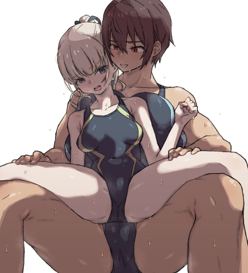 2girls blonde_hair blue_eyes breasts brown_hair carrying carrying_person competition_school_swimsuit dark-skinned_female dark_skin gym_uniform hands_on_another's_thighs height_difference highres kei_(m_k) large_breasts long_hair m_k multiple_girls original ponytail red_eyes rika_(m_k) school_swimsuit short_hair simple_background size_difference sweat swimsuit tall tall_female tan tomboy yuri