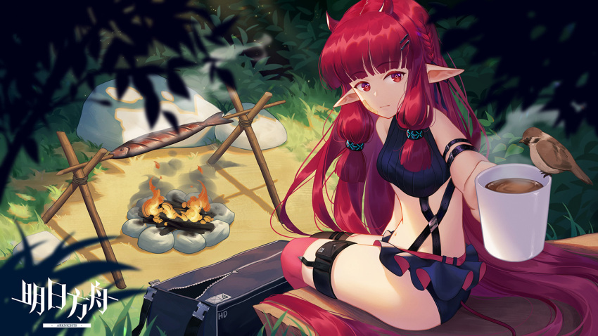 1girl alternate_costume arknights armlet asymmetrical_legwear bag bandaid bandaid_on_face bikini bird coffee coffee_mug cooking cup demon_horns fire fish for frilled_bikini frills from_behind grass hair_ornament hairband hairclip horns infection_monitor_(arknights) long_bangs long_hair looking_at_viewer midriff mug navel panpanmeiyou_hp pointy_ears red_eyes red_hair sitting solo strap swimsuit tank_top thigh_strap thighhighs thighs very_long_hair vigna_(arknights)