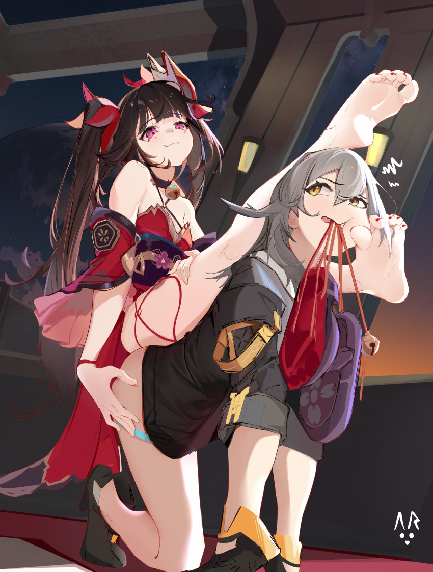 2girls absurdres all_fours artist_logo barefoot bell black_choker black_footwear black_jacket breasts brown_hair choker closed_mouth commentary detached_sleeves double-parted_bangs dress eyelashes feet footprints full_body grey_hair hair_between_eyes hair_ornament hand_on_another's_ass high_heels highres honkai:_star_rail honkai_(series) indoors jacket legs long_hair looking_at_another looking_back mouth_hold multiple_girls nail_polish neck_bell obi obijime pink_eyes purple_footwear red_dress red_nails sandals sash short_sleeves sitting sitting_on_person small_breasts soles sparkle_(honkai:_star_rail) stelle_(honkai:_star_rail) strapless strapless_dress symbol-only_commentary thighs toenail_polish toenails toes trailblazer_(honkai:_star_rail) twintails unworn_sandals v.a._(vanilla) yellow_eyes
