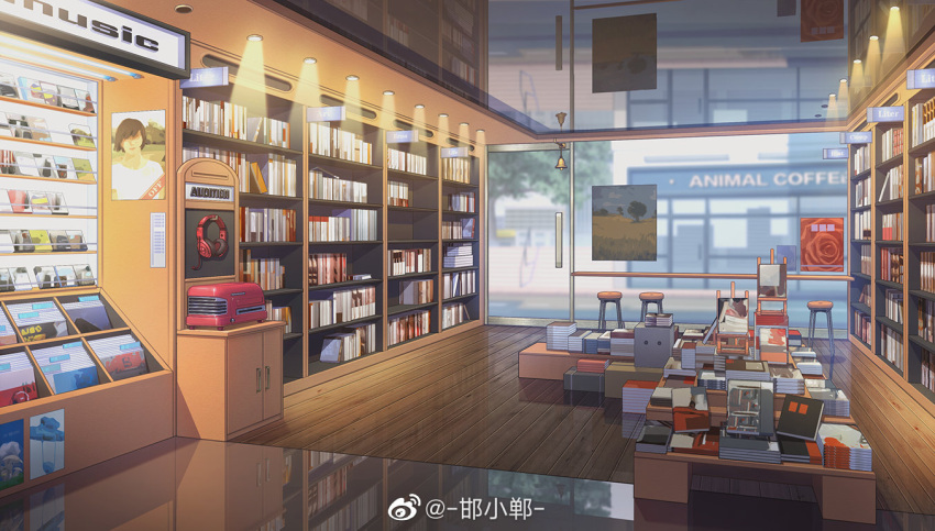 bell bookshelf bookstore cabinet cd_player ceiling_light day door easel glass_door hanxiaodan headphones lovebrush_chronicles no_humans official_art poster_(object) reflective_ceiling reflective_floor scenery shop stool table unworn_headphones weibo_logo weibo_username window wooden_floor