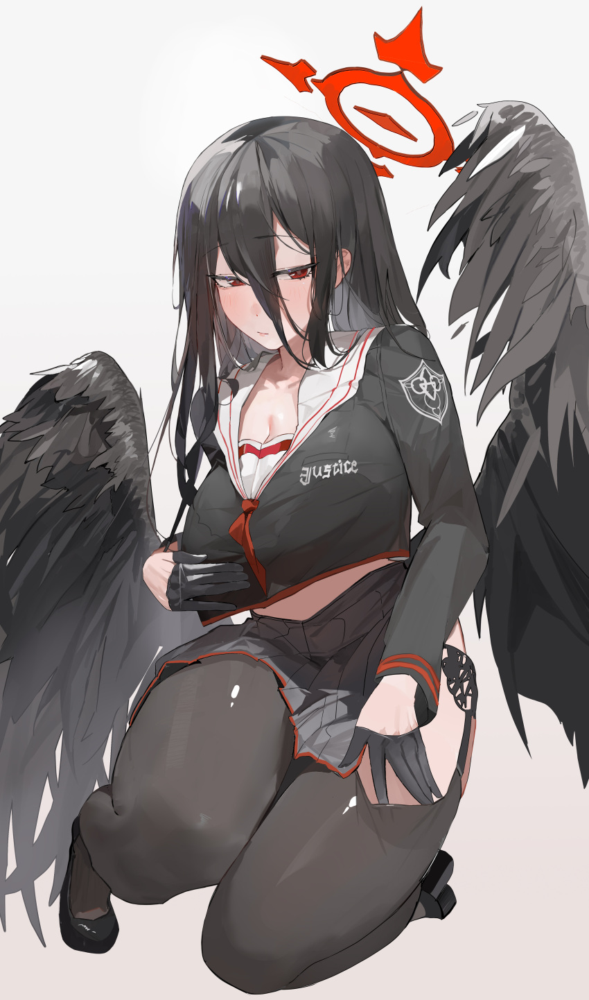 1girl absurdres black_gloves black_hair black_shirt black_skirt black_thighhighs black_wings blue_archive breasts closed_mouth commentary_request cropped_shirt double-parted_bangs feathered_wings fish_(red_star_child) gloves half_gloves halo hasumi_(blue_archive) highres large_breasts long_bangs long_hair long_sleeves looking_at_viewer low_wings midriff red_eyes red_halo sailor_collar shirt simple_background skirt solo squatting thighhighs thighs white_background white_sailor_collar wings