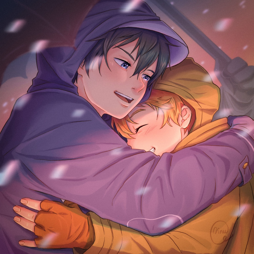 2boys ainudraws black_hair black_hood blue_eyes closed_eyes fingerless_gloves gloves haikyuu!! highres hinata_shouyou hood hood_up hug kageyama_tobio long_sleeves male_focus multiple_boys orange_hair orange_hood