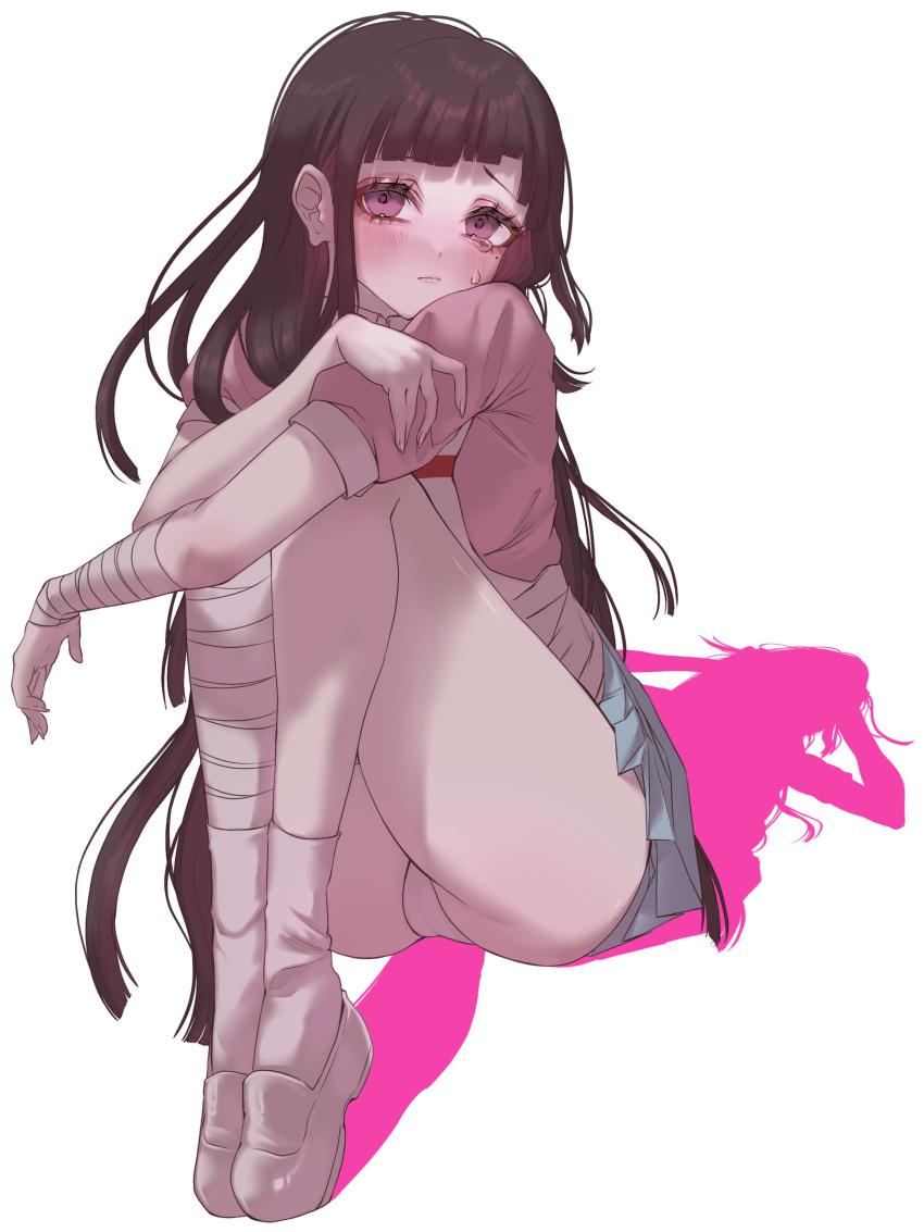 1girl absurdres ass bandaged_arm bandaged_leg bandages blush brown_hair closed_mouth danganronpa_(series) danganronpa_2:_goodbye_despair highres long_hair mi_loveyouuu mole mole_under_eye panties pink_eyes pink_shirt pleated_skirt puffy_short_sleeves puffy_sleeves shiny_skin shirt shoes short_sleeves skirt socks solo tears tsumiki_mikan underwear white_panties