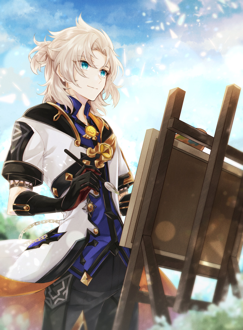 1boy absurdres albedo_(genshin_impact) black_gloves black_pants blue_eyes blue_shirt blue_sky blurry blurry_background bush canvas_(object) closed_mouth day easel gem genshin_impact gloves gold_trim grey_hair hair_between_eyes hand_up highres holding holding_brush holding_palette hood hoodie looking_at_object male_focus mandarin_collar mizuamememe open_clothes open_hoodie outdoors paintbrush palette_(object) pants ponytail red_gloves shirt short_hair short_ponytail short_sleeves sky smile solo standing two-tone_gloves vision_(genshin_impact) white_hoodie yellow_gemstone