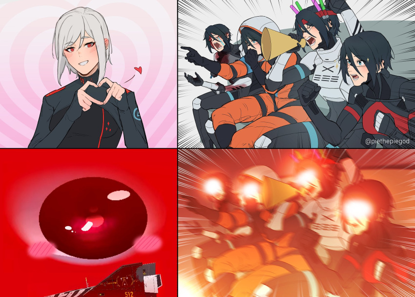 2girls android ariane_yeong armor black_hair blood blood_on_face blue_eyes blush bodysuit couch crying elster_(signalis) gaijin_4koma_(meme) game_screenshot_inset heart heart_hands highres holding holding_megaphone megaphone meme military_uniform multiple_girls multiple_persona piethepiegod red_eyes severed_arm severed_limb short_hair sidelocks signalis spacecraft spacesuit sparkle streaming_tears tears twitter_username uniform white_hair yuri