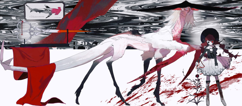 1girl abstract_background black_eyes black_shirt blood boots colored_skin creature feathers flower hammerhead_shark heterochromia highres kamikiririp open_mouth original red_eyes red_hair scissors shirt skirt twintails white_feathers white_fur white_hair white_skin white_skirt white_tail