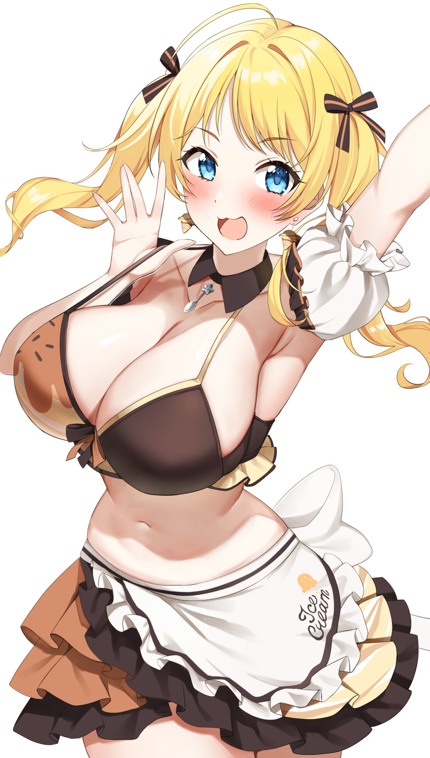 1girl :d \||/ absurdres apron arm_up armpits bikini bikini_top_only black_bikini black_skirt blonde_hair blue_eyes blush breasts brown_bikini brown_skirt colored_skin commentary cowboy_shot detached_collar drop_earrings earrings english_text frilled_skirt frills gawawawa hachimiya_meguru hair_intakes hand_out_of_frame hand_up highres huge_breasts ice_cream_earrings idolmaster idolmaster_shiny_colors jewelry long_hair looking_at_viewer multicolored_skin navel open_hand open_mouth pendant sideboob simple_background skirt smile solo standing stomach strap_lift swimsuit twintails two-tone_bikini two-tone_skin white_apron white_background