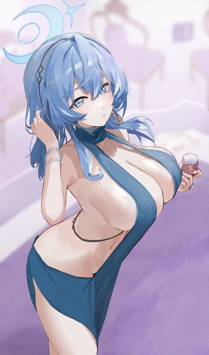 1girl absurdres ako_(blue_archive) ako_(dress)_(blue_archive) backless_dress backless_outfit blue_archive blue_dress blue_eyes blue_hair blue_halo bracelet breasts cleavage cup dress drinking_glass fish_(red_star_child) hairband halo hashtag_only_commentary highres holding holding_cup jewelry large_breasts looking_at_viewer medium_hair navel revealing_clothes sleeveless sleeveless_dress solo