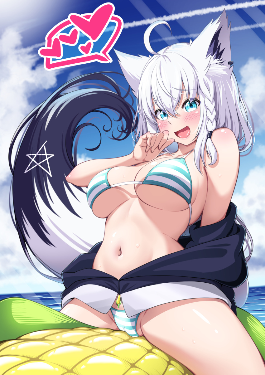 1girl absurdres ahoge animal_ears bikini black_jacket blue_bikini blue_eyes blue_sky blush braid breasts cleavage cloud fox_ears fox_girl fox_tail grey_hair highres hololive jacket large_breasts looking_at_viewer medium_hair navel official_alternate_costume open_clothes open_jacket open_mouth shirakami_fubuki shirakami_fubuki_(7th_costume) single_braid sky smile striped_bikini striped_clothes swimsuit tail virtual_youtuber water yokojima_kemomi_mi_chuushin