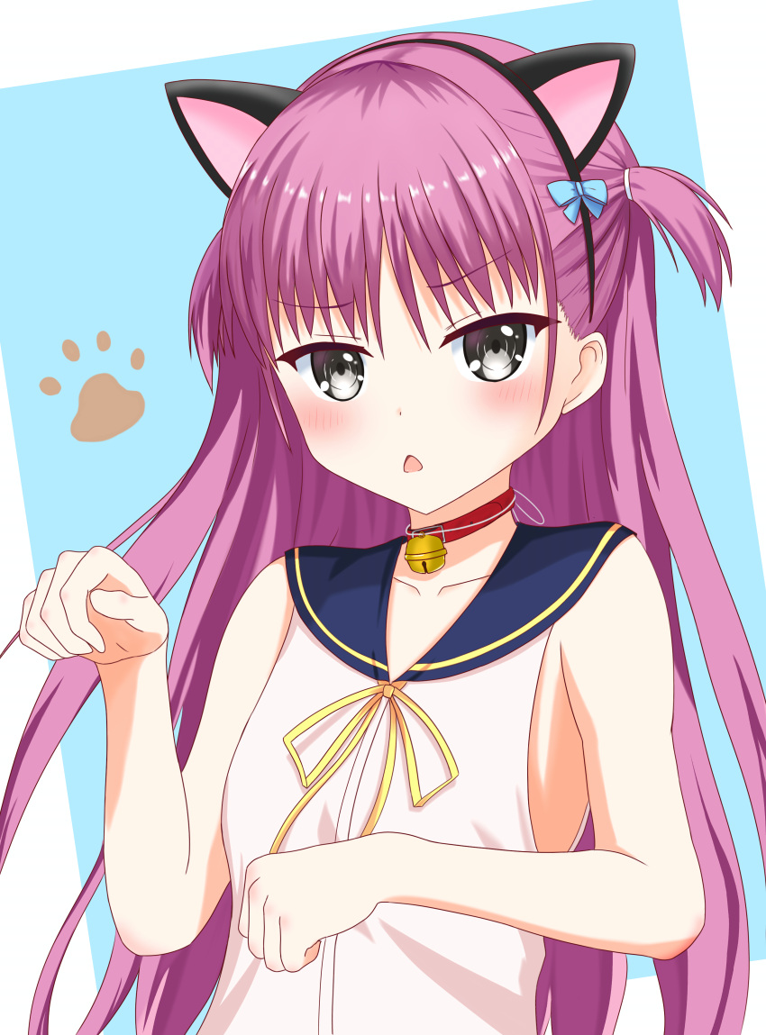 1230_mochi 1girl :&lt; absurdres animal_ears aqua_bow bare_arms bell black_hairband blue_sailor_collar blush border bow cat_day cat_ears chestnut_mouth choker collarbone commentary_request dress fake_animal_ears frown grey_eyes hair_bow hairband hands_up highres jingle_bell katou_umi light_blue_background long_hair looking_at_viewer neck_bell open_mouth paw_pose paw_print purple_hair red_choker ribbon sailor_collar sailor_dress simple_background sleeveless sleeveless_dress solo summer_pockets tsurime two_side_up upper_body v-shaped_eyebrows very_long_hair white_border white_dress yellow_ribbon