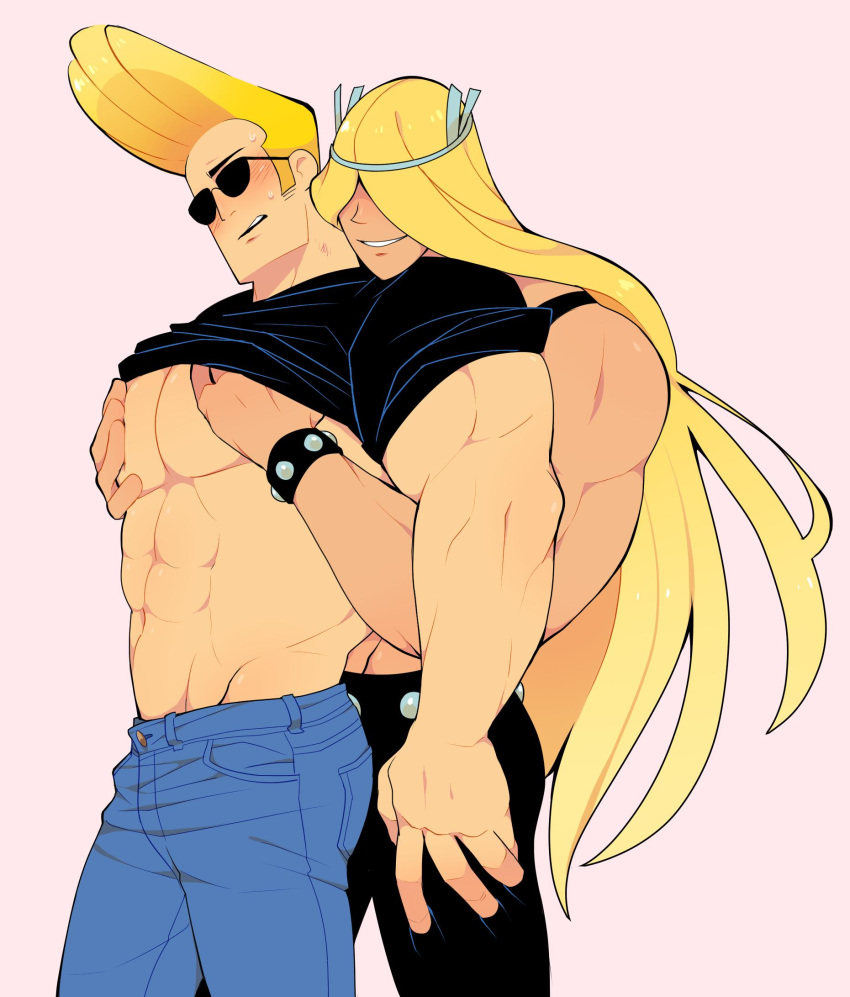 2boys abs bara black_shirt blonde_hair blush clothes_lift company_connection cowboy_shot denim dexter's_laboratory grabbing grabbing_from_behind grunkleguts hair_over_eyes hairband highres jeans johnny_bravo johnny_bravo_(series) long_hair male_focus mature_male multiple_boys muscular muscular_male navel pants pectoral_grab pink_background pompadour shirt shirt_lift short_hair sideburns simple_background sleeves_rolled_up smile sunglasses sweatdrop tight_clothes tight_shirt v-taper valhallen yaoi