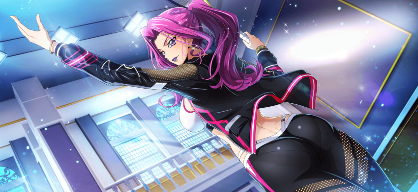 1girl arm_up artist_request ass back black_jacket black_leggings breasts clothing_cutout code_geass code_geass:_lost_stories cornelia_li_britannia cowboy_shot dimples_of_venus dutch_angle earrings forehead from_behind game_cg hair_intakes hand_up happy highres holding_tennis_racket indoors jacket jewelry leggings light_particles light_rays lipstick long_hair long_sleeves looking_at_viewer makeup medium_breasts midriff non-web_source official_art pantylines parted_lips pink_trim playing_sports purple_eyes purple_hair purple_lips railing serving_(sports) shiny_clothes sidelocks smile solo sparkle sports_bra sportswear standing sweat teeth tennis white_sports_bra window zipper