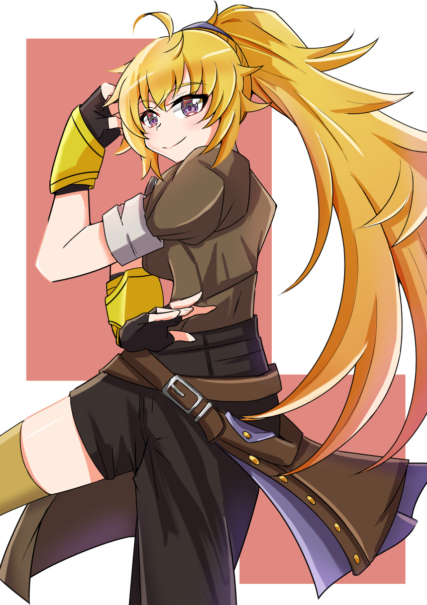 1girl absurdres ahoge asymmetrical_clothes bakuma belt black_gloves black_pants blonde_hair brown_belt brown_jacket closed_mouth commentary_request cowboy_shot ember_celica_(rwby) english_commentary fighting_stance fingerless_gloves gauntlets gloves hair_between_eyes high_ponytail highres jacket leather_belt long_hair looking_at_viewer multiple_belts pants partial_commentary ponytail purple_eyes red_background rwby simple_background single_pantsleg single_thighhigh sleeves_rolled_up smile solo standing standing_on_one_leg thighhighs white_background yang_xiao_long yellow_thighhighs