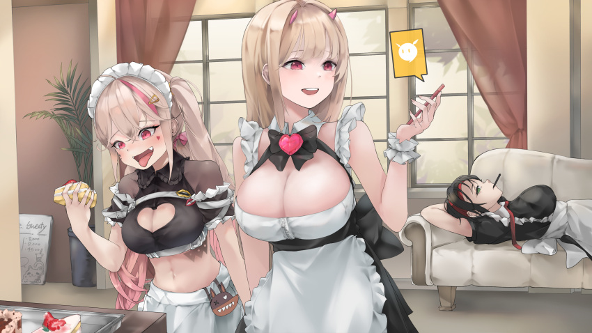 3girls absurdres adeliespace apron arms_behind_head arms_up blabla_(nikke) black_dress black_hair breasts brown_hair cake cellphone cleavage cleavage_cutout closed_mouth clothing_cutout couch crow_(nikke) dress food goddess_of_victory:_nikke green_eyes hair_intakes highres holding holding_phone horns indoors jackal_(nikke) large_breasts looking_at_another lying maid maid_apron maid_headdress multicolored_hair multiple_girls navel on_back on_couch open_mouth phone pink_eyes pink_hair short_hair short_sleeves sleeveless sleeveless_dress smartphone smile standing teeth tongue tongue_out twintails upper_teeth_only viper_(nikke) white_apron