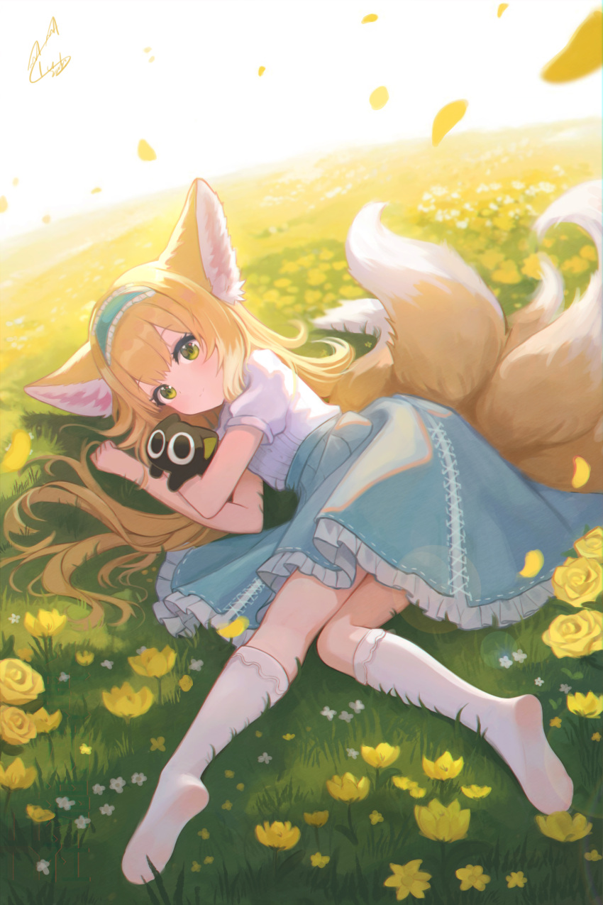 1girl absurdres animal_ears arknights black_cat blonde_hair blue_hairband blue_skirt blush cat chinese_commentary closed_mouth commentary_request cross-laced_clothes cross-laced_skirt cross-laced_slit fox_ears fox_girl fox_tail frilled_hairband frilled_skirt frills green_eyes hairband highres kitsune kneehighs kyuubi looking_at_viewer luo_xiaohei luo_xiaohei_(cat) luo_xiaohei_zhanji multiple_tails no_shoes official_alternate_costume on_grass outdoors puffy_short_sleeves puffy_sleeves qingye_tuanzi shirt short_sleeves skirt smile socks soles suzuran_(arknights) suzuran_(spring_praise)_(arknights) tail white_shirt white_socks