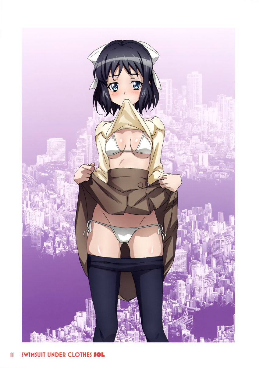 1girl absurdres bikini black_hair black_pantyhose blue_eyes blush breasts cleavage clothes_in_mouth clothes_lift clothes_pull fujikawa_daichi hair_ribbon highres kohinata_miku lifted_by_self looking_at_viewer mouth_hold non-web_source pantyhose pantyhose_pull ribbon senki_zesshou_symphogear shirt_in_mouth shirt_lift short_hair side-tie_bikini_bottom skirt skirt_lift small_breasts solo swimsuit white_bikini