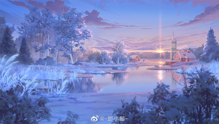 cloud foliage grass hanxiaodan house lovebrush_chronicles mountainous_horizon no_humans official_art outdoors reeds reflection reflective_water river riverbank scenery sunrise tower tree weibo_logo weibo_username