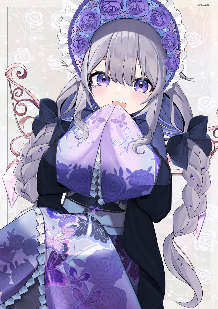 1girl absurdres blush braid floral_print frilled_bonnet grey_hair hair_between_eyes hair_ribbon happy highres hololive hololive_english kanadeho koseki_bijou long_hair long_sleeves looking_at_viewer open_mouth own_hands_together patterned_background purple_eyes ribbon smile solo twin_braids twitter_username very_long_hair virtual_youtuber wings