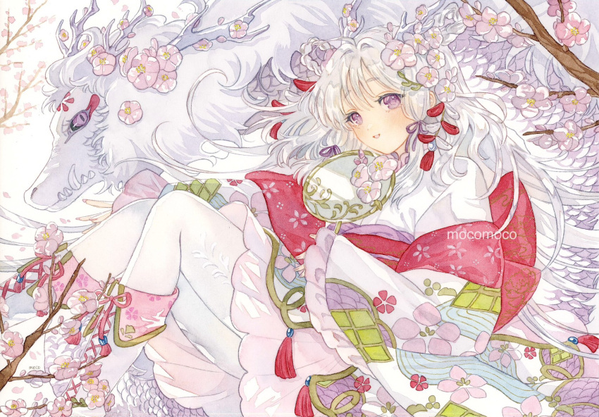 1girl animal artist_name branch cherry_blossom_print cherry_blossoms closed_mouth floral_print flower hair_flower hair_ornament hair_ribbon hand_fan highres holding holding_fan japanese_clothes kimono knees_up long_hair looking_at_viewer mocomoco_es obi original pantyhose paper_fan parted_lips purple_eyes purple_ribbon red_sash ribbon sash sidelocks sitting solo tassel white_background white_flower white_hair white_kimono white_pantyhose wolf