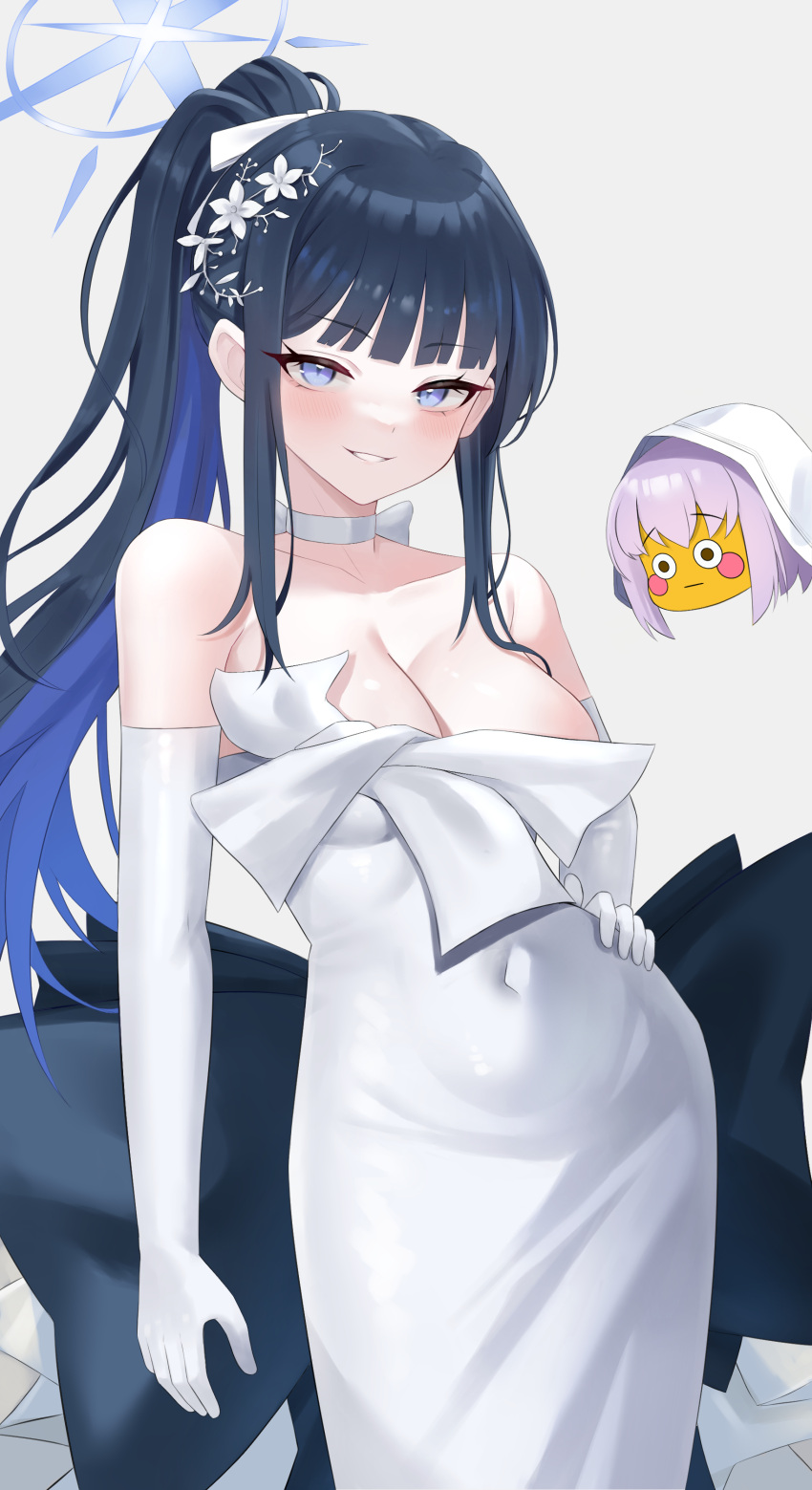 2girls absurdres atsuko_(blue_archive) black_hair blue_archive blue_eyes blue_hair blue_halo blush breasts choker cleavage colored_inner_hair dress duplicate elbow_gloves emoji gloves grin halo highres large_breasts long_hair looking_at_viewer multicolored_hair multiple_girls pixel-perfect_duplicate saori_(blue_archive) saori_(dress)_(blue_archive) simple_background smile strapless strapless_dress white_background white_choker white_dress white_gloves ziz_(pandora707)