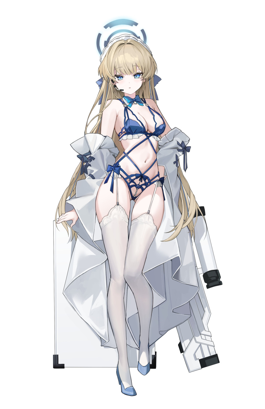 1girl absurdres assault_rifle blonde_hair blue_archive blue_bow blue_bowtie blue_bra blue_eyes blue_halo bow bowtie bra breasts briefcase cleavage earpiece garter_straps gun h&amp;k_g11 halo high_heels highres lingerie long_hair medium_breasts mon_(m0n) navel rifle solo thighhighs toki_(blue_archive) underwear weapon white_thighhighs