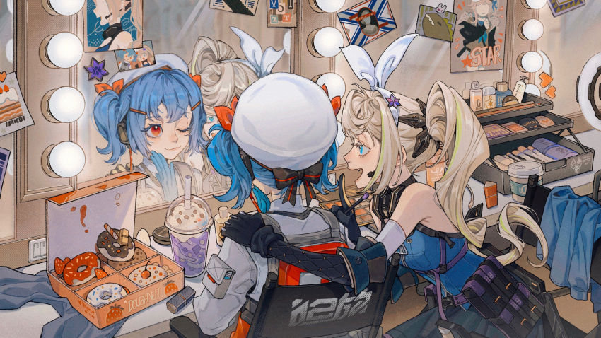 2girls ;3 absurdres bare_shoulders belt_pouch beret black_gloves black_skirt blonde_hair blue_eyes blue_gloves blue_hair blue_shirt bow bow_hairband colphne_(girls'_frontline_2) cosmetics cup disposable_cup doughnut dressing_room drinking drinking_straw elbow_gloves fang food food_delivery_box girls'_frontline girls'_frontline_2:_exilium gloves hairband hand_on_another's_shoulder hand_up hat headset highres index_finger_raised juanmao light_bulb long_hair makeup_brush mirror multiple_girls on_chair one_eye_closed open_box open_mouth photo_(object) poster_(object) pouch red_eyes reflection sharkry_(girls'_frontline_2) shirt short_hair side_ponytail sitting skirt sleeveless sleeveless_shirt twintails upper_body white_bow white_hairband white_headwear white_shirt