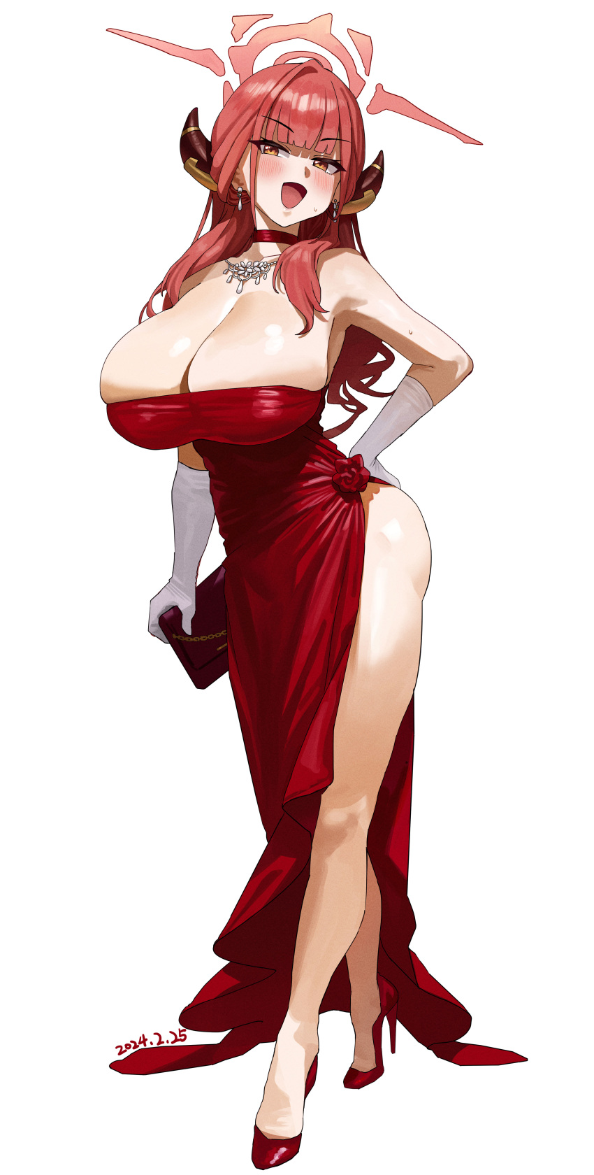 1girl :d absurdres aru_(blue_archive) aru_(dress)_(blue_archive) blue_archive blunt_bangs blush breasts brown_eyes brown_gloves choker cleavage dated dress earrings feipin_zhanshi full_body gloves halo highres holding huge_breasts jewelry long_hair looking_at_viewer necklace open_mouth red_choker red_dress red_footwear red_hair red_halo simple_background smile solo thighs white_background white_gloves
