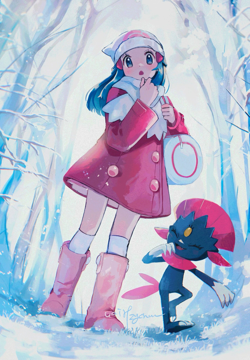 1girl :o bag bare_tree beanie blush boots coat commentary_request dawn_(pokemon) day duffel_bag from_below hair_ornament hairclip hanenbo hat highres holding_strap long_hair long_sleeves outdoors over-kneehighs pink_footwear pokemon pokemon_(creature) pokemon_dppt pokemon_platinum scarf sidelocks signature standing thighhighs tree weavile white_headwear white_scarf winter