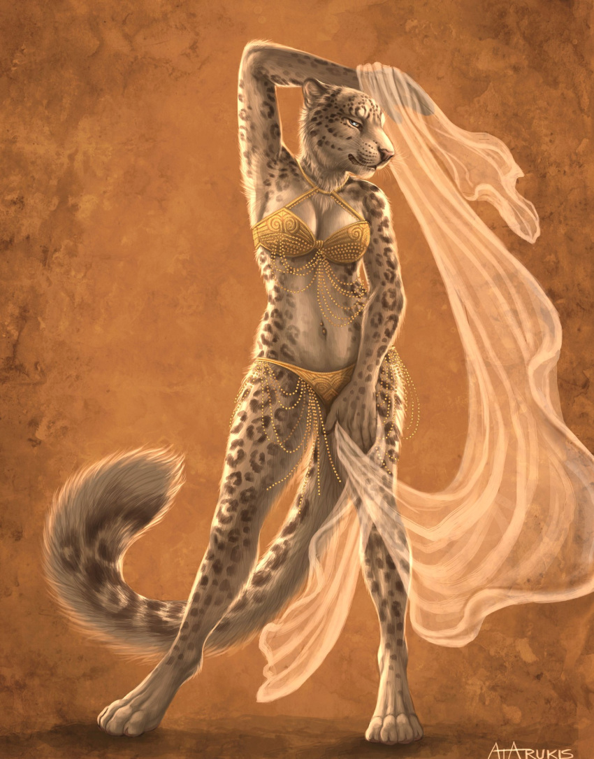 4_toes 5_fingers accessory anthro belly_dancer belly_dancer_outfit belly_dancing blue_eyes bra breasts clothed clothing detailed_background digitigrade feet felid female fingers fur gold_underwear grey_body grey_fur harem_outfit hi_res isolde_(rukis) mammal markings midriff navel navel_piercing pantherine panties piercing pinup pose rukis seductive silk smile smiling_at_viewer smirk snow_leopard solo spots spotted_body spotted_fur toes underwear underwear_only whiskers