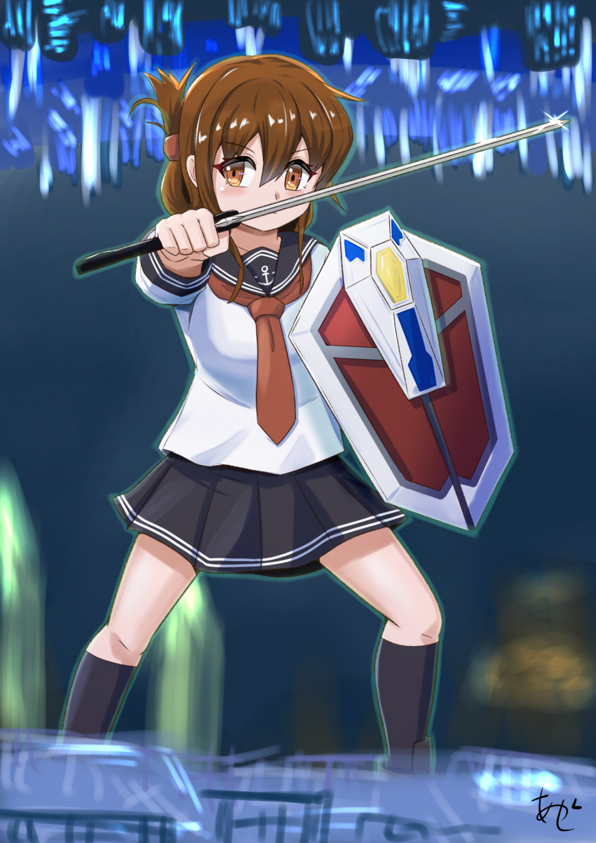 1girl akashieru black_sailor_collar black_skirt black_socks brown_eyes brown_hair commentary_request denkou_choujin_gridman folded_ponytail full_body highres inazuma_(kancolle) kantai_collection long_hair long_sleeves looking_at_viewer neckerchief one-hour_drawing_challenge parody pleated_skirt red_neckerchief sailor_collar sailor_shirt shield shirt skirt socks solo standing sword weapon white_shirt