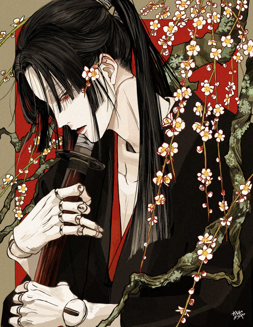 1boy absurdres black_eyes black_hair black_kimono blunt_ends border branch brown_border closed_mouth doll_joints flower half-closed_eyes hand_up highres holding holding_sword holding_weapon japanese_clothes joints kagoya1219 katana kimono long_hair long_sleeves looking_at_viewer male_focus original outside_border parted_bangs plum_blossoms ponytail red_background sheath sheathed sideways_glance signature solo straight_hair sword upper_body weapon white_flower