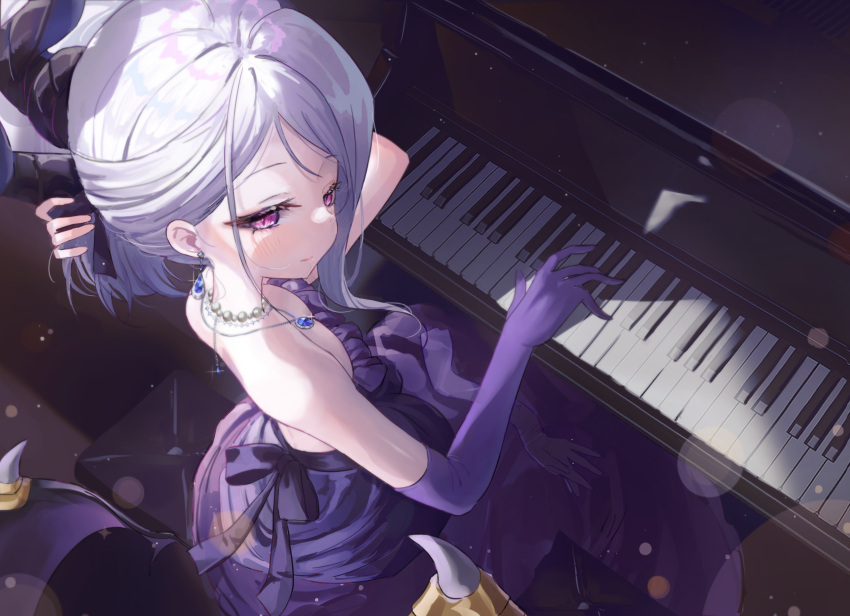 1girl absurdres black_horns blue_archive blush closed_mouth demon_horns demon_wings dress elbow_gloves gloves grey_hair highres hina_(blue_archive) hina_(dress)_(blue_archive) horns instrument long_hair lunel multiple_horns official_alternate_costume official_alternate_hairstyle piano piano_keys purple_dress purple_eyes purple_gloves purple_wings single_elbow_glove solo strapless strapless_dress wings