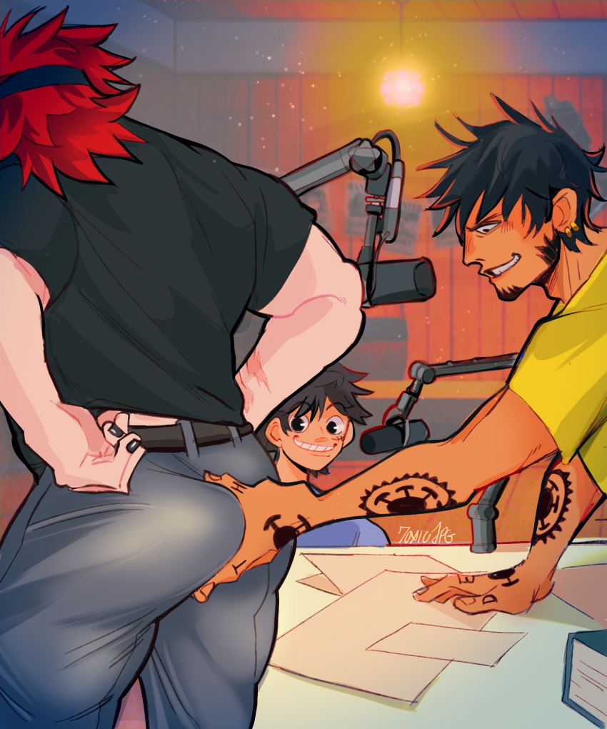 3boys adam22's_ass_grab_(meme) ass_grab bara black_hair earrings eustass_kid facial_hair feet_out_of_frame from_side goatee grabbing_another's_ass groping hand_tattoo highres jewelry long_sideburns male_focus meme monkey_d._luffy multiple_boys muscular muscular_male one_piece profile short_hair sideburns spiked_hair standing tattoo thick_eyebrows thick_thighs thighs toxic_jpg trafalgar_law yaoi