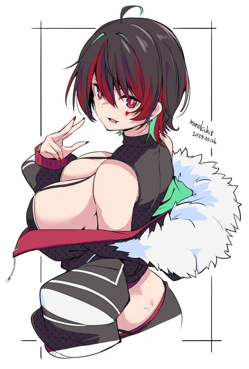 1girl ahoge artist_name black_hair black_jacket breasts commentary_request copyright_request dated facial_tattoo fingernails fur-trimmed_jacket fur_trim green_hair heart heart_tattoo highres jacket kichihachi large_breasts looking_at_viewer multicolored_hair nail_polish open_mouth red_eyes red_hair red_nails red_pupils short_hair simple_background smile solo tattoo white_background