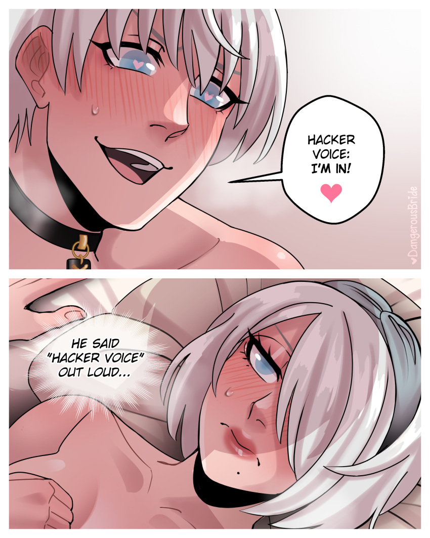 1boy 1girl 2b_(nier:automata) 9s_(nier:automata) :d absurdres black_choker black_hairband blue_eyes blush bob_cut boy_on_top choker completely_nude dangerousbride embarrassed english_text hairband heart heart-shaped_pupils hetero highres implied_sex medium_hair meme mole mole_under_mouth nier:automata nier_(series) nude one_eye_covered signature smile spoken_heart symbol-shaped_pupils white_hair