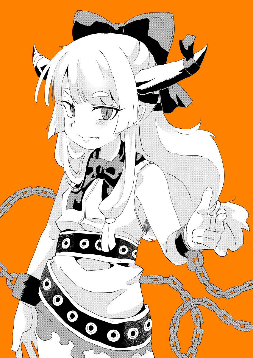 1girl absurdres arm_at_side bare_arms belt bow bowtie chain chained chained_wrists closed_mouth cowboy_shot dress fang fang_out finger_gun greyscale_with_colored_background hair_bow highres horn_ornament horn_ribbon horns ibuki_suika inuyama_konan long_hair looking_at_viewer oni orange_background pointing pointing_at_viewer ribbon sidelocks sleeveless sleeveless_dress slit_pupils solo standing touhou