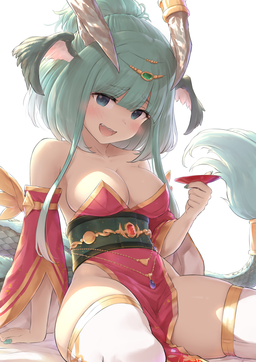 1girl bare_shoulders blush collarbone cup detached_sleeves dragon_girl dragon_horns dragon_tail fingernails green_eyes green_hair green_nails green_sash highres holding holding_cup horns long_hair looking_at_viewer nail_polish open_mouth original red_sleeves sakazuki sash sidelocks simple_background smile solo tail thighhighs wamu_(chartreuse) white_background white_thighhighs
