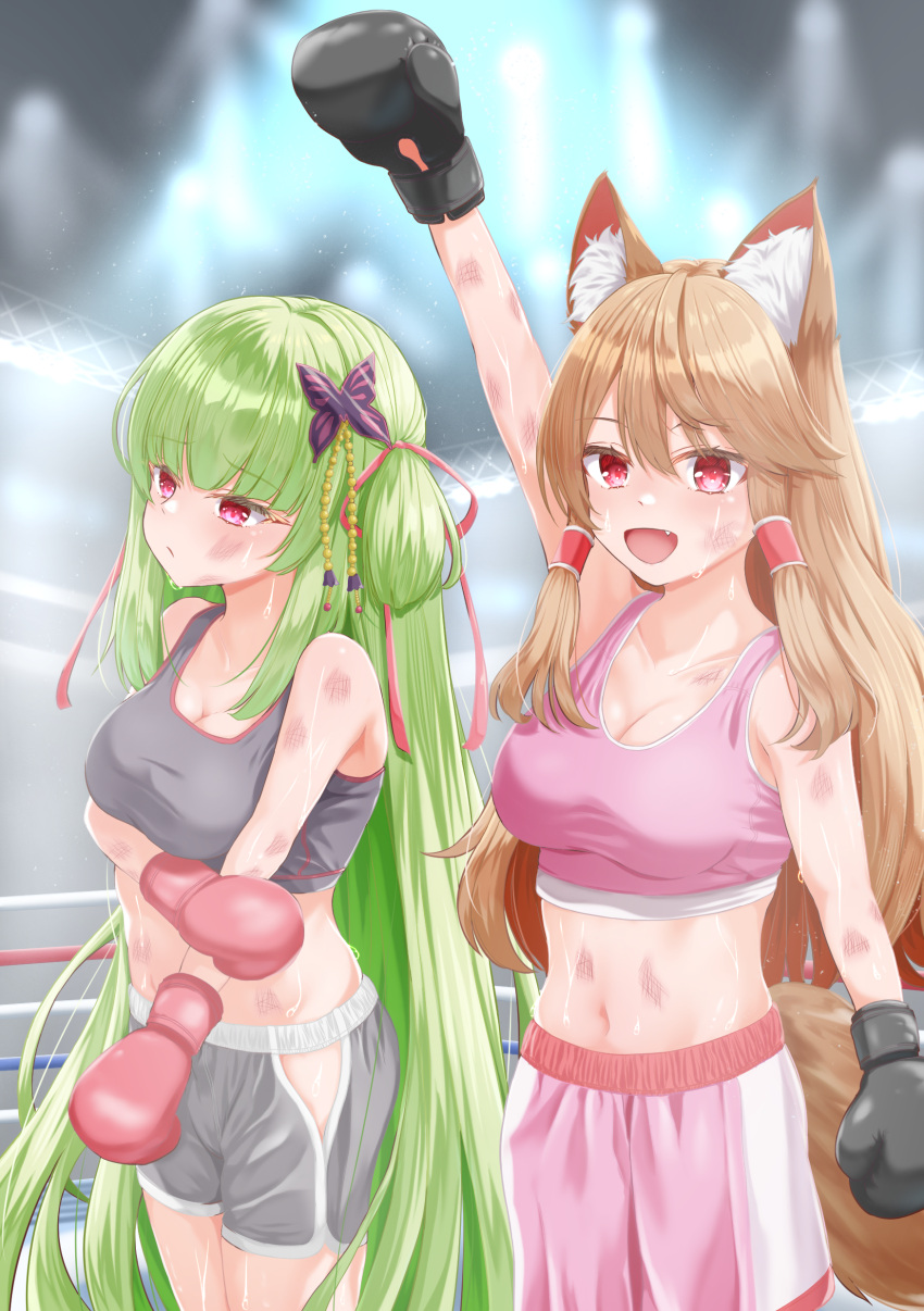 2girls :/ :d absurdres after_battle alternate_breast_size animal_ear_fluff animal_ears arm_at_side arm_under_breasts arm_up bare_shoulders black_gloves blunt_bangs blunt_ends boxing boxing_gloves boxing_ring boxing_shorts breasts brown_hair butterfly_hair_ornament closed_mouth collarbone commentary_request commission cowboy_shot crossover eyelashes fang frown gloves grey_shorts hair_between_eyes hair_ornament hair_ribbon hair_tubes happy highres hime_cut indoors large_breasts latifa long_hair looking_afar looking_at_viewer medium_breasts multiple_girls murasame_(senren) navel open_mouth pink_shorts red_eyes red_gloves red_ribbon ribbon seirei_gensouki senren_banka shorts side-by-side sidelocks skeb_commission smile sports_bra straight_hair sweat tsurime two_side_up user_fmcx7543 very_long_hair