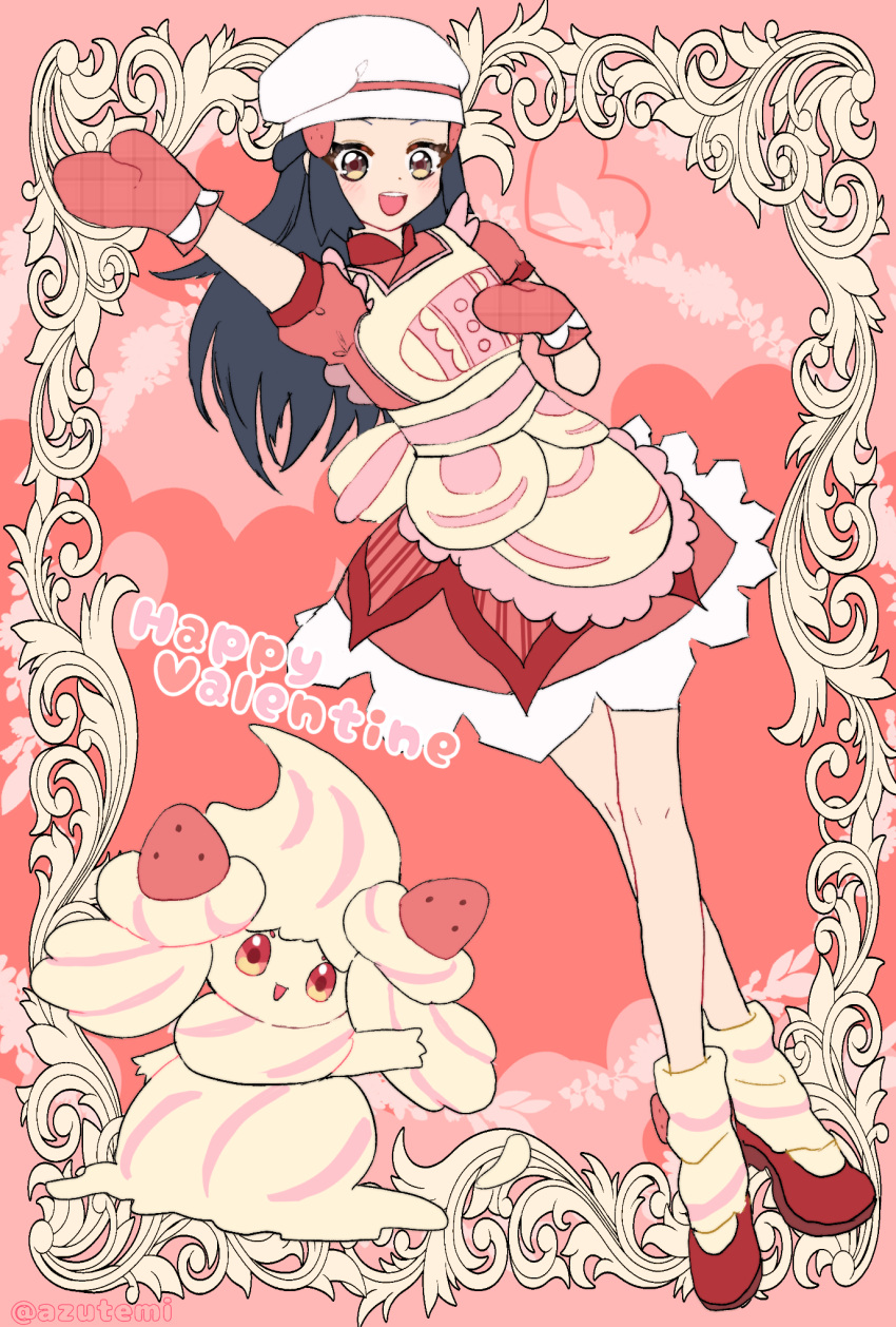 1girl alcremie alcremie_(strawberry_sweet) apron azutemi dawn_(palentine's_2021)_(pokemon) dawn_(pokemon) food-themed_hair_ornament full_body hair_ornament happy_valentine heart highres hiki_azumi mittens official_alternate_costume open_mouth pink_background pokemon pokemon_(creature) pokemon_masters_ex red_footwear red_mittens smile strawberry_hair_ornament