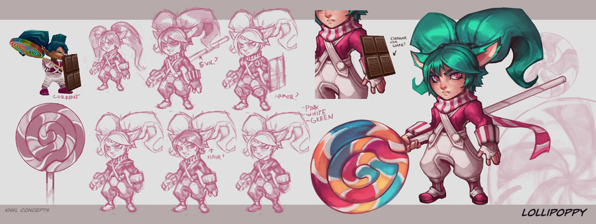 alternate_costume alternate_hair_length alternate_hairstyle animal_ears artist_name blue_hair buckler candy character_name chocolate_bar concept_art fang fingerless_gloves food gloves highres kienan_lafferty league_of_legends lollipop multiple_views overalls poppy red_eyes scarf shield sketch slit_pupils striped twintails