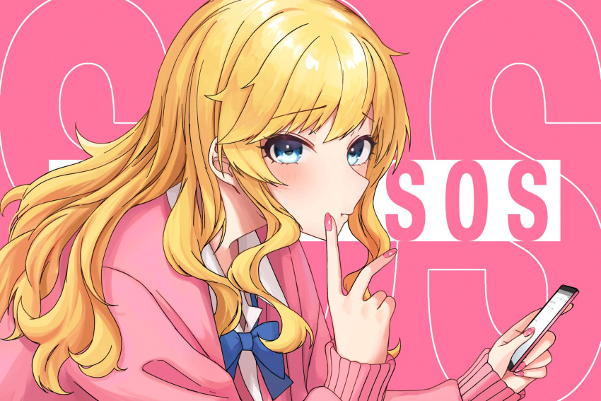 1girl :t ban_(puka_0507) blonde_hair blue_bow blue_bowtie blue_eyes blush bow bowtie cardigan cellphone commentary fingernails highres holding holding_phone idolmaster idolmaster_cinderella_girls looking_at_viewer loose_bowtie nail_polish ohtsuki_yui parody phone pink_background pink_cardigan school_uniform solo sos_(idolmaster) symbol-only_commentary text_background upper_body