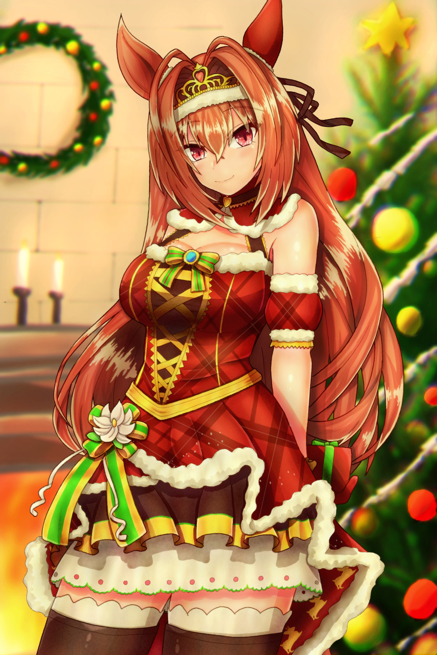 1girl absurdres animal_ears arm_garter arms_behind_back bare_shoulders black_skirt black_thighhighs blush bow bowtie breasts brown_hair christmas_tree commentary_request cowboy_shot daiwa_scarlet_(scarlet_nuit_etoile)_(umamusume) daiwa_scarlet_(umamusume) dress ear_covers fireplace hair_intakes hand_up highres horse_ears horse_girl index_finger_raised indoors lens_flare long_hair looking_at_viewer m172/minatsu medium_breasts miniskirt open_mouth red_dress red_eyes short_dress single_ear_cover skirt sleeveless sleeveless_dress smile solo thighhighs tiara umamusume