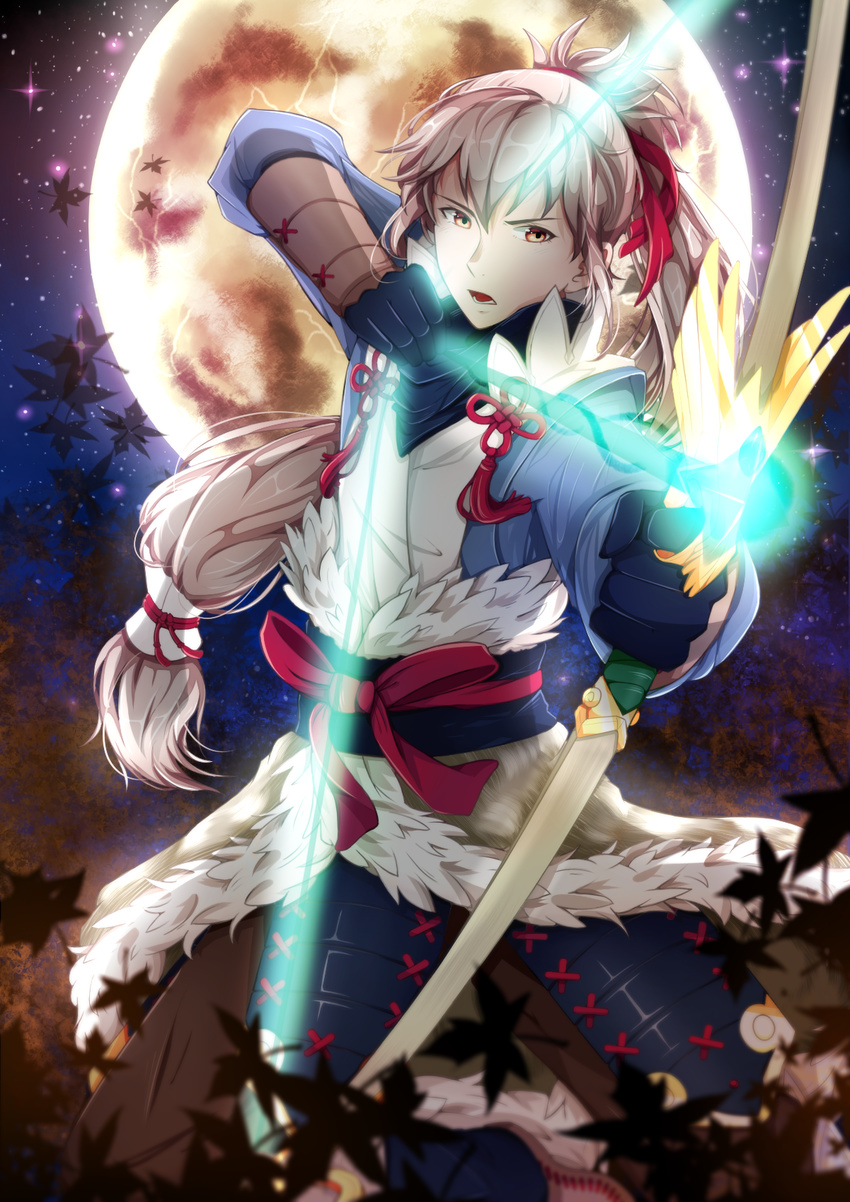 bow_(weapon) fire_emblem fire_emblem_if fur_trim fuujin_yumi gloves grey_hair highres leaf long_hair male_focus moon night night_sky open_mouth orange_eyes ponytail sky solo star_(sky) takumi_(fire_emblem_if) turtoaud weapon yumi_(bow)