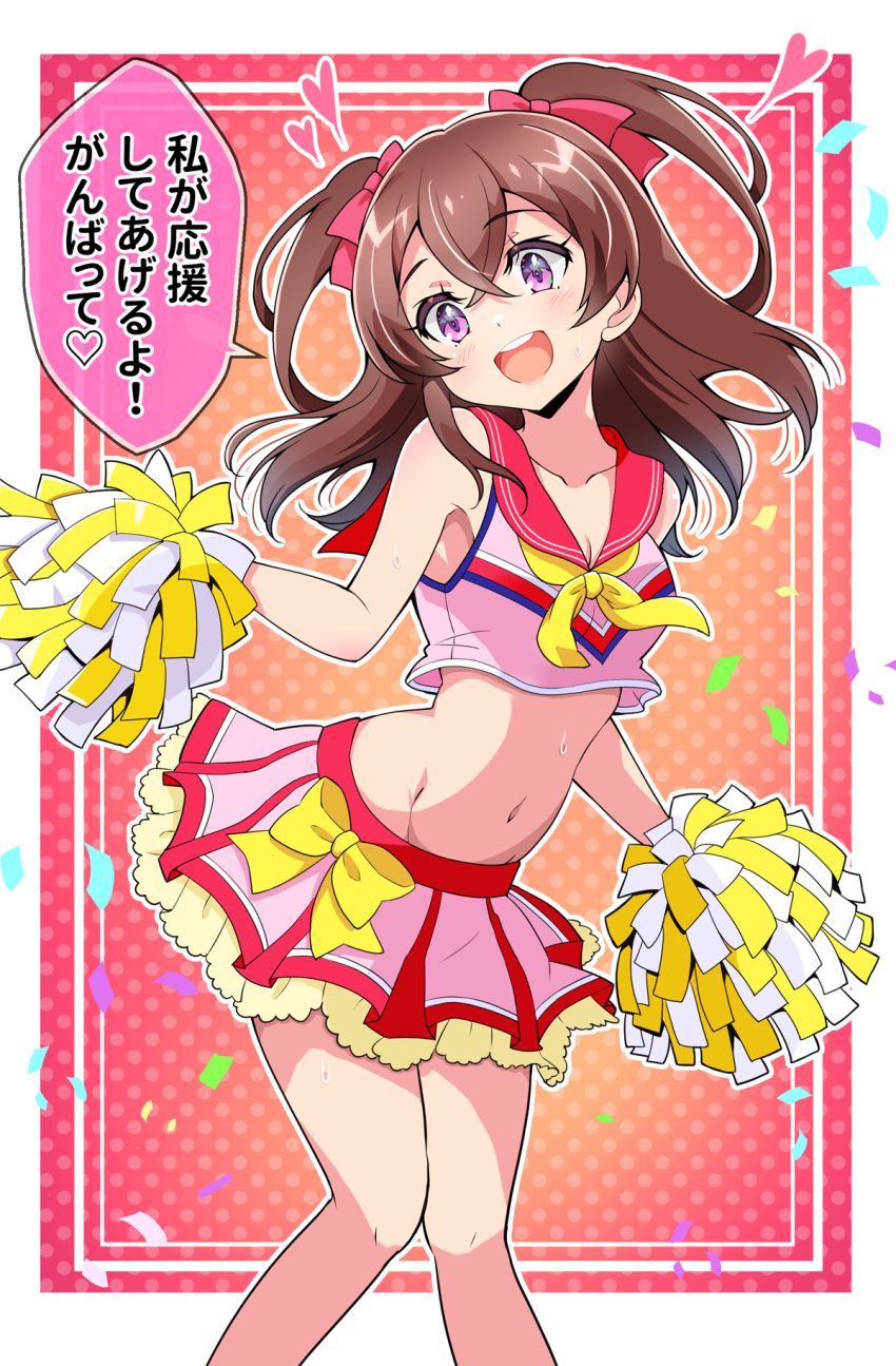 1girl :d alternate_costume bow bow_skirt bowtie brown_hair cheerleader commentary confetti cropped_shirt delicious_party_precure frilled_skirt frills groin hair_bow heart highres holding holding_pom_poms kaatsu_katsurou looking_at_viewer medium_hair miniskirt nagomi_yui navel neckerchief open_mouth outline pink_shirt pink_skirt pleated_skirt polka_dot polka_dot_background pom_pom_(cheerleading) precure purple_eyes red_bow red_bowtie red_sailor_collar red_skirt sailor_collar shirt skirt sleeveless sleeveless_shirt smile solo standing sweat translated two-tone_skirt two_side_up white_outline yellow_neckerchief