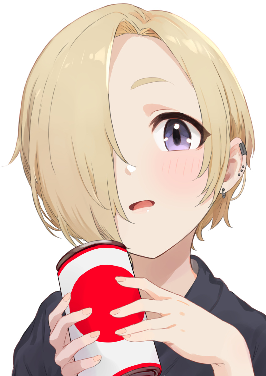 1girl black_shirt blonde_hair can commentary_request domdom ear_piercing earrings hair_over_one_eye hands_up highres holding holding_can idolmaster idolmaster_cinderella_girls jewelry looking_at_viewer parted_lips piercing portrait purple_eyes shirasaka_koume shirt short_hair simple_background solo white_background